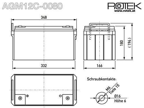 Rotek 12V 80Ah AGM Blei-Säure Fliesakkumulator